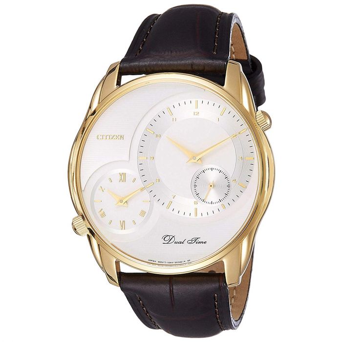 Citizen Dual Time Analog White Dial Gold Bezel Men's Watch AO3008-07A