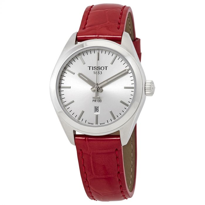 Tissot PR 100 Mặt Tròn Màu Bạc Dây Da Màu Đỏ Lịch Ngày T101.210.16.031.03