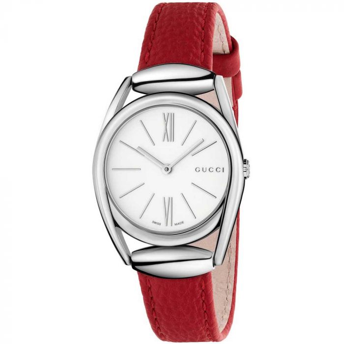 Gucci Horsebit White Lacquered Dial Red Leather Women's Watch YA140501