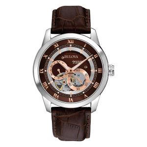 Bulova Hand Wind Dual Aperture Brown Genuine Leather Men's Watch 96A120