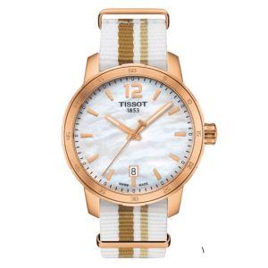 Tissot Quickster Mặt Tròn Khảm Trai Viền Vàng Dây Dù Lịch Ngày T095.410.37.117.00