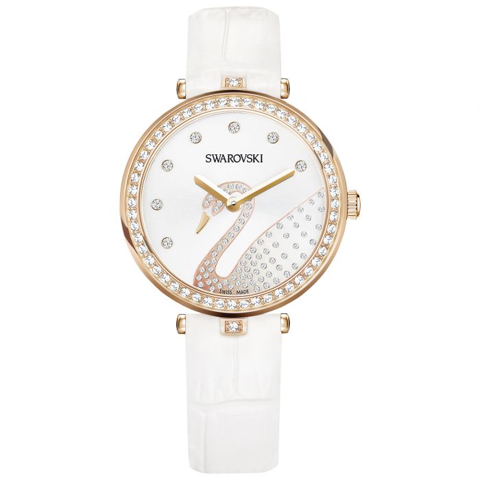 Swarovski Aila Dressy Swan Mặt Tròn Đính Đá Dây Da Màu Trắng 5376639