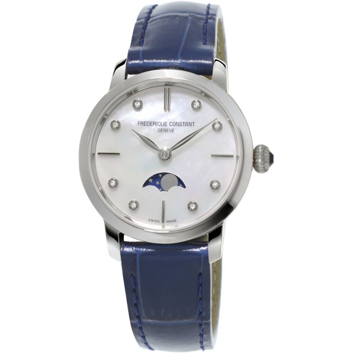 Frederique Constant Slimline Moonphase Mother of Pearl Blue Leather Women's Watch FC-206MPWD1S6