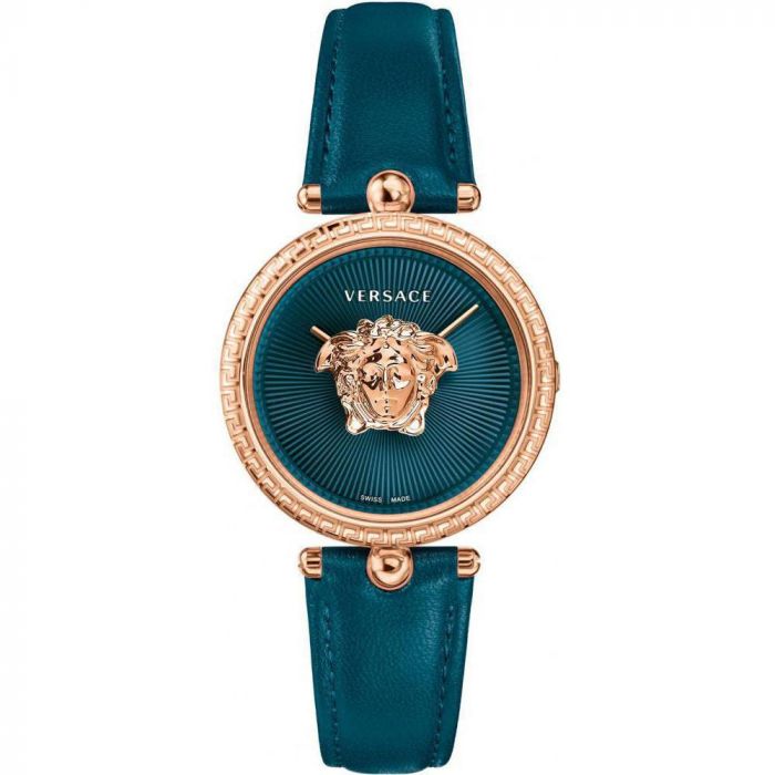 Versace Palazzo Empire Mặt Tròn Viền Vàng Hồng Dây Da Màu Xanh  VECQ00318