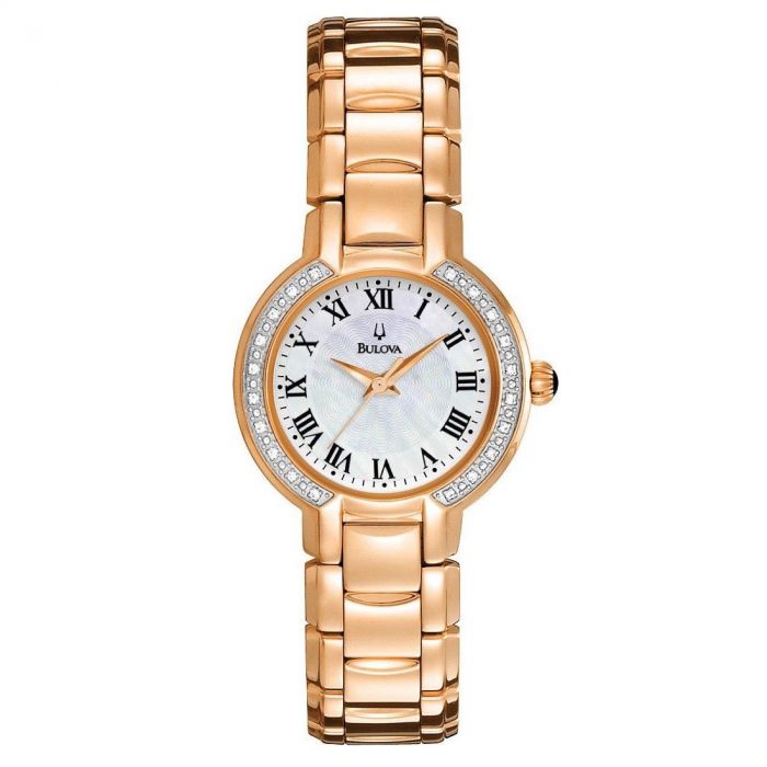 Bulova White Mother of Pearl Dial Rose Gold Diamond Accented Women's Watch 98R156