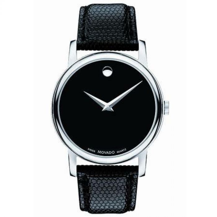 Movado Museum Mặt Tròn Viền Bạc Dây Da Màu Đen 2100002