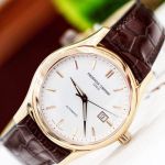 Frederique Constant Clear Vision Automatic Mặt Tròn Màu Bạc Viền Vàng Hồng Dây Da Màu Nâu Lịch Ngày FC-303V6B4