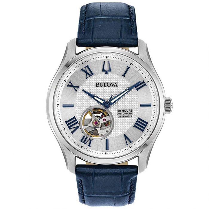 Bulova Wilton Automatic Open Heart Blue Leather Men's Watch 96A206