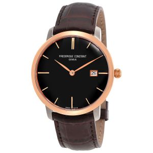 Frederique Constant Slim Line Automatic Mặt Tròn Màu Đen Viền Vàng Hồng 18K Dây Da Màu Nâu FC-306G4STZ9