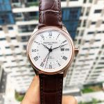 Frederique Constant Classics GMT Automatic Mặt Tròn Màu Bạc Viền Vàng Hồng Dây Da Nâu Lịch Ngày FC-350MC5B4