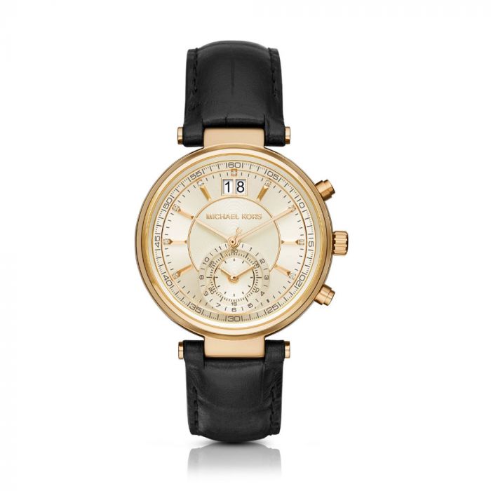 Michael Kors Sawyer Mặt Tròn Màu Vàng Dây Da Màu Đen Lịch Ngày MK2433