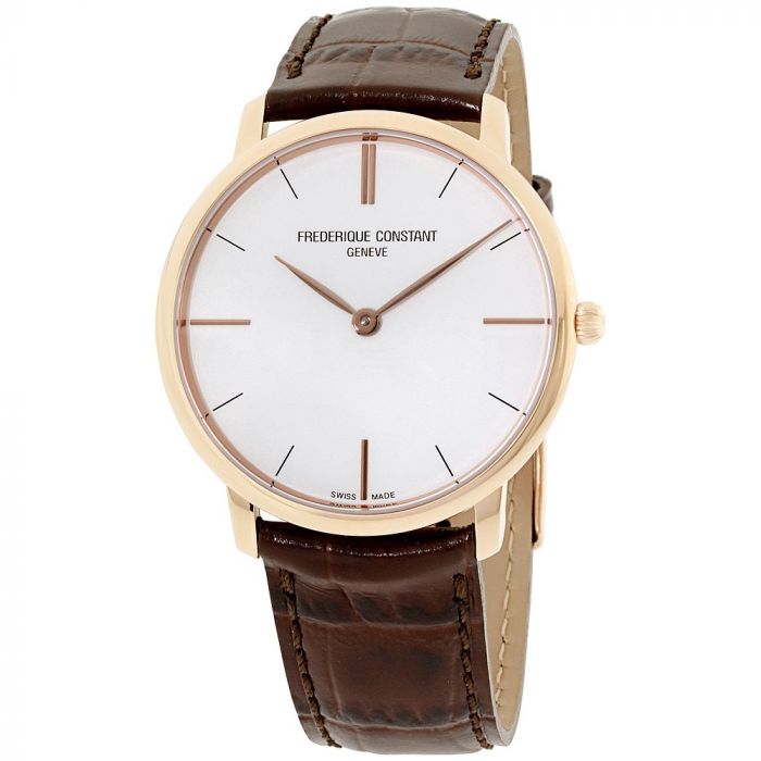 Frederique Constant Slim Line Mặt Tròn Màu Trắng Viền Vàng Hồng Dây Kim Loại Màu Nâu FC-200V5S34