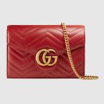 Gucci GG Marmont Matelassé Mini Màu Đỏ Dây Xích Logo Màu Vàng 474575 DRW1T