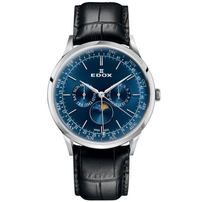 Edox Les Vauberts Moon Phase Mặt Tròn Màu Xanh Dây Da Màu Đen 40101-3C-BUIN