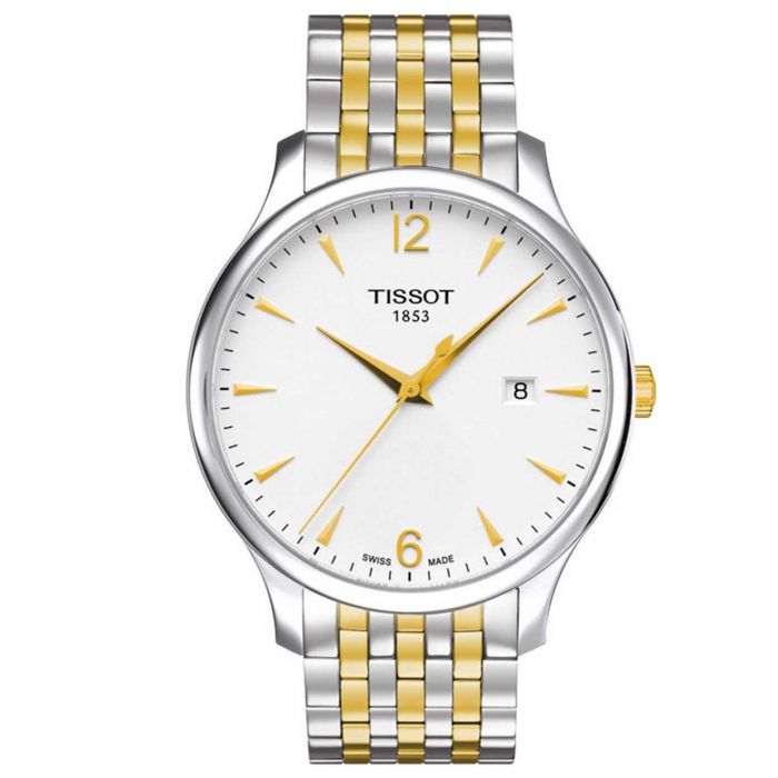 Tissot T-Classic Tradition Mặt Tròn Màu Trắng Dây Kim Loại Màu Bạc Pha Vàng Lịch Ngày T063.610.22.037.00