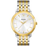 Bulova Classics Mặt Tròn Màu Trắng Dây Kim Loại Màu Bạc Pha Vàng 98A121