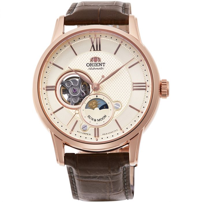 Orient Classic Sun and Moon Open Heart Automatic Brown Leather Men's Watch RA-AS0003S10B