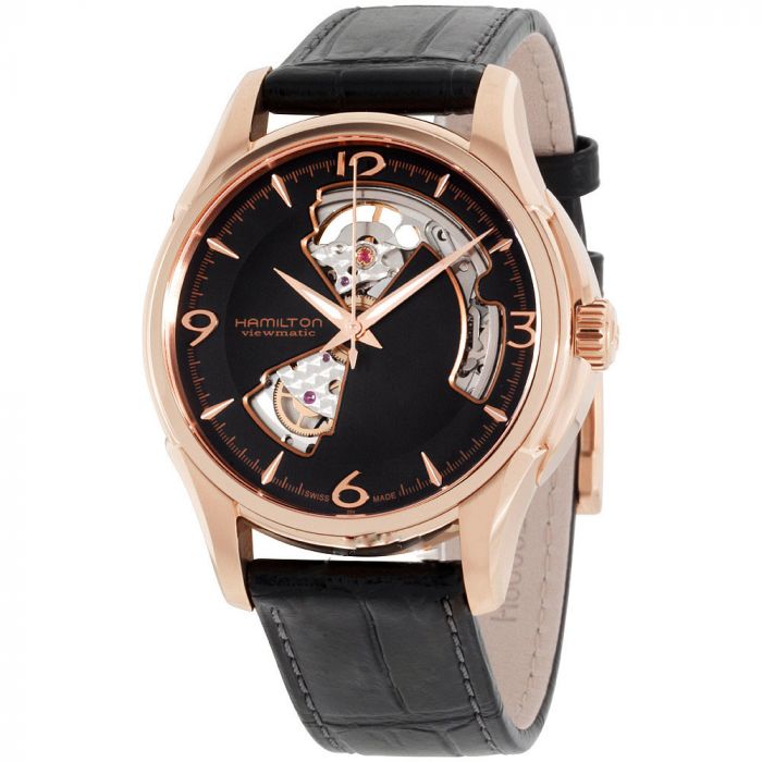 Hamilton Jazzmaster Open Heart Automatic Mặt Tròn Viền Vàng Hồng Dây Da Màu Đen H32575735