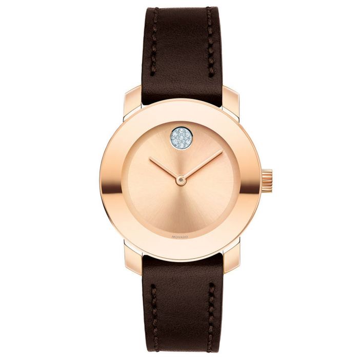 Movado Bold Mặt Tròn Viền Vàng Hồng Dây Da Màu Nâu 3600438