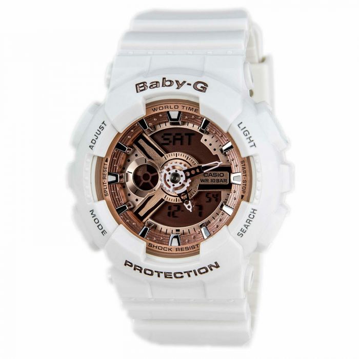 Casio Baby-G Mặt Bầu Dục Màu Vàng Hồng Dây Cao Su Màu Trắng Lịch Vạn Niên BA-110-7A1