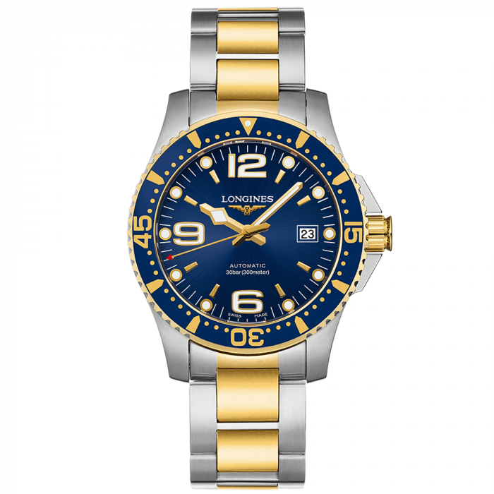 Longines Hydroconquest Automatic Demi Vàng Mặt Tròn Màu Xanh Dây Kim Loại Lịch Ngày L3.742.3.96.7