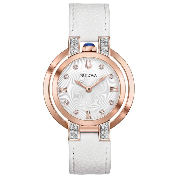 Bulova Rubaiyat Diamond Mặt Tròn Màu Bạc Viền Vàng Hồng Dây Da Màu Trắng 98R243
