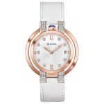 Bulova Rubaiyat Diamond Mặt Tròn Màu Bạc Viền Vàng Hồng Dây Da Màu Trắng 98R243