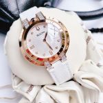 Bulova Rubaiyat Diamond Mặt Tròn Màu Bạc Viền Vàng Hồng Dây Da Màu Trắng 98R243
