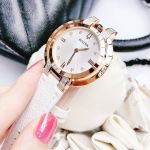 Bulova Rubaiyat Diamond Mặt Tròn Màu Bạc Viền Vàng Hồng Dây Da Màu Trắng 98R243