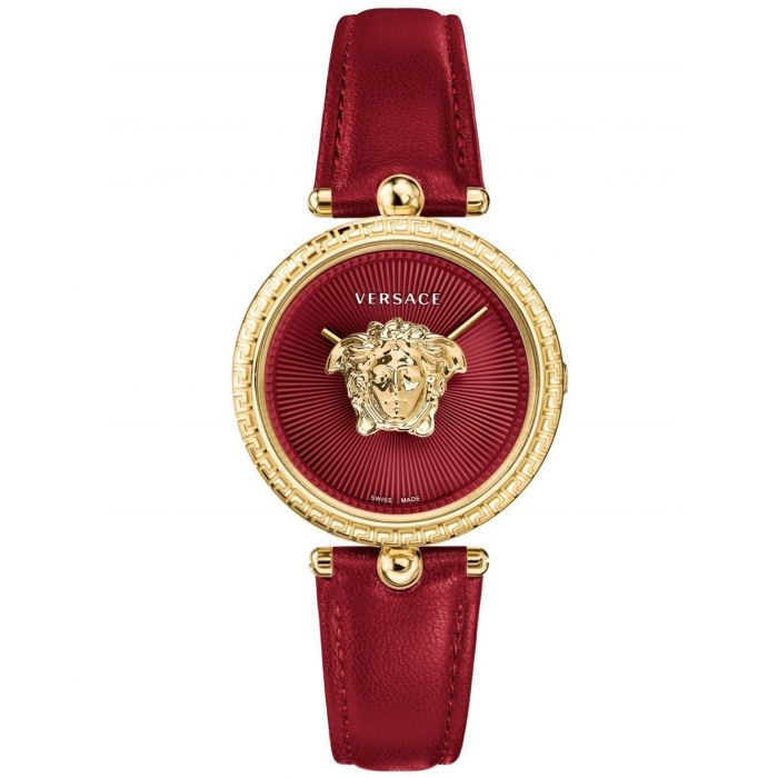 Versace Palazzo Empire Mặt Tròn Viền Vàng Dây Da Màu Đỏ VECQ00418