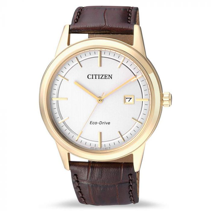 Citizen Eco-Drive Mặt Tròn Màu Trắng Dây Da Màu Nâu Lịch Ngày AW1212-10A