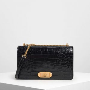 Charles & Keith Croc Effect TurnLock Crossbody Màu Đen CK2-20671009