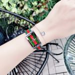 Gucci G-Frame Mặt Chữ Nhật Khảm Trai Dây Da Kẻ Sọc Xanh Đỏ YA147408