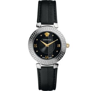 Versace Daphnis Mặt Tròn Viền Bạc Dây Da Màu Đen V16020017