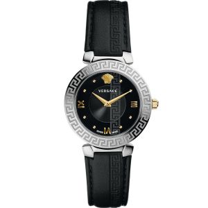 Versace Daphnis Mặt Tròn Viền Bạc Dây Da Màu Đen V16020017