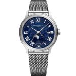 Raymond Weil Maestro Moon Phase Automatic Mặt Tròn Màu Xanh Dây Mesh Kim Loại Màu Bạc Lịch Ngày 2239M-ST-00509