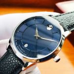 Movado 1881 Automatic Mặt Tròn Màu Xanh Viền Bạc Dây Da Màu Đen Lịch Ngày 0607020