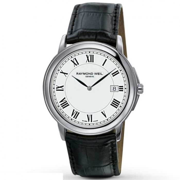 Raymond Weil Tradition Mặt Tròn Màu Trắng Dây Da Màu Đen Lịch Ngày 54661-STC-00300