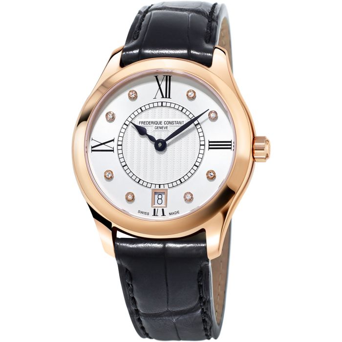 Frederique Constant Classic Mặt Tròn Màu Bạc Viền Vàng Dây Da Màu Đen Lịch Ngày FC-220MSD3B4