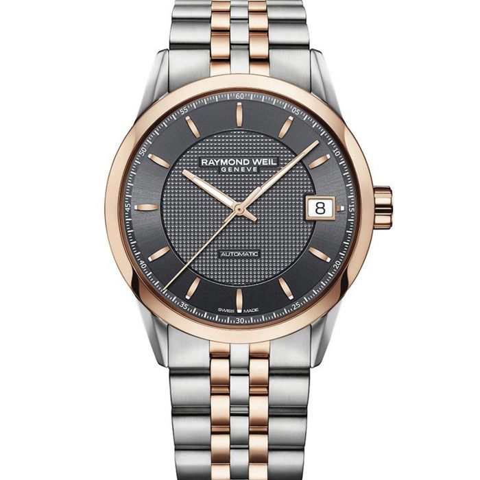 Raymond Weil Freelancer Automatic Demi Vàng Hồng Mặt Tròn Màu Xám Dây Kim Loại Lịch Ngày 2740-SP5-60021