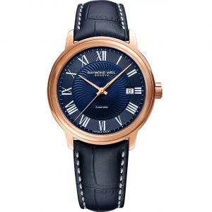 Raymond Weil Maestro Automatic Mặt Tròn Viền Vàng Hồng Dây Da Màu Xanh Lịch Ngày 2237-PC5-00508