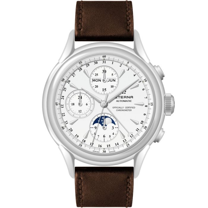 Eterna Heritage 1948 Chronograph Moon Phase Mặt Tròn Màu Bạc Dây Da Màu Nâu 2958.41.60.1403