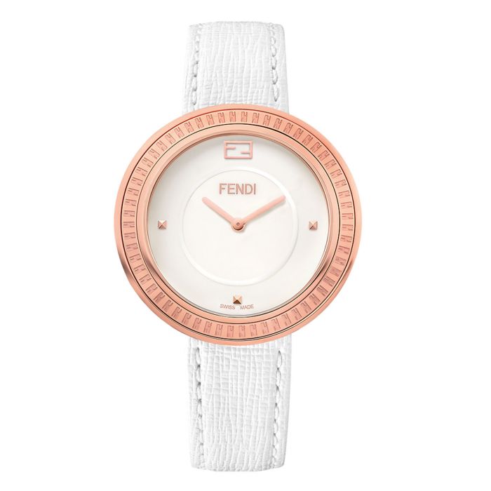 Fendi My Way Mặt Tròn Viền Vàng Hồng Dây Da Màu Trắng F350534041