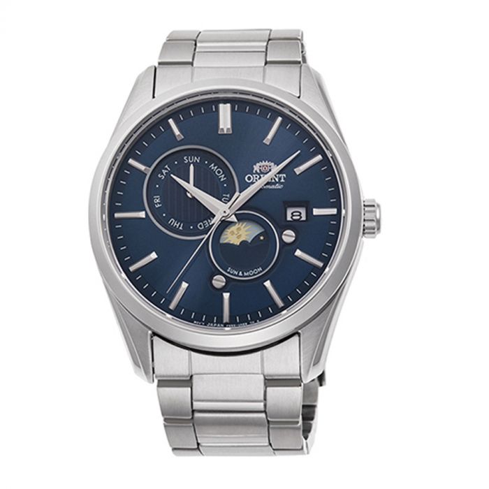 Orient Classic Meski Sun And Moon Mặt Tròn Màu Xanh Dây Kim Loại Màu Bạc Lịch Ngày Thứ RA-AK0303L