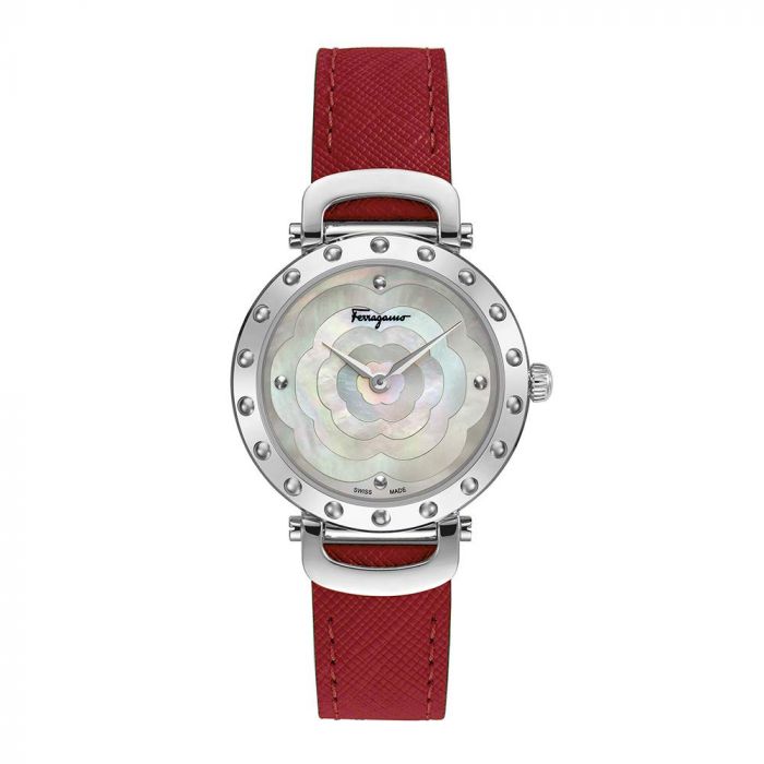 Salvatore Ferragamo Style Mặt Tròn Khảm Trai Dây Da Màu Đỏ SFDM00118