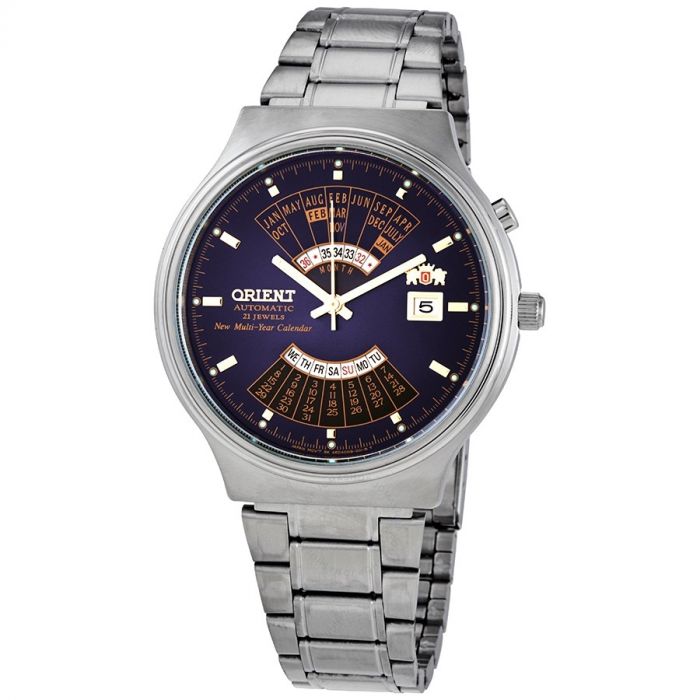 Orient Perpetual Automatic Vạn Niên Mặt Tròn Màu Xanh Dây Kim Loại Màu Ba FEU00002DW