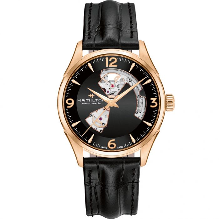 Hamilton Jazzmaster Open Heart Automatic Mặt Tròn Viền Vàng Dây Da Màu Đen H32735731