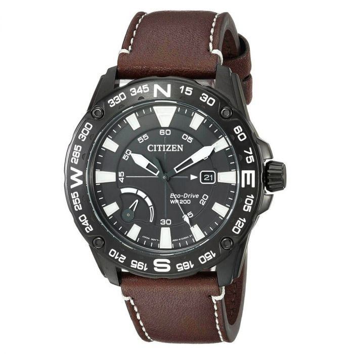 Citizen PRT Mặt Tròn Màu Đen Dây Da Màu Nâu Lịch Ngày AW7045-09E