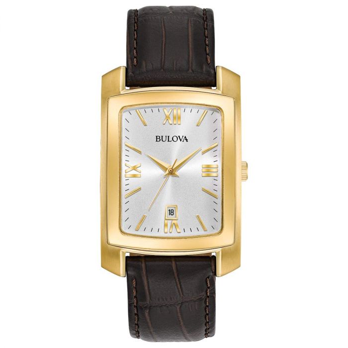 Bulova Classic Mặt Chữ Nhật Màu Bạc Viền Vàng Dây Da Màu Nâu Lịch Ngày 97B162