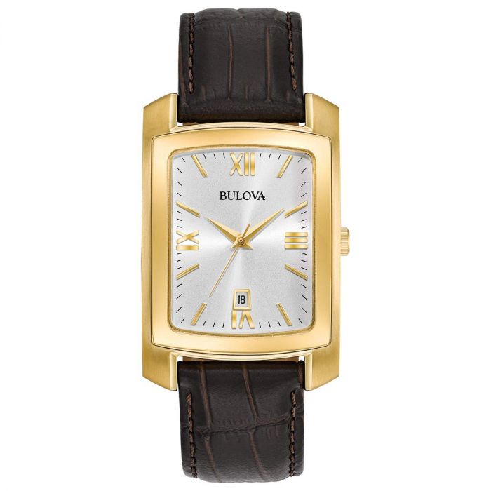 Bulova Classic Mặt Chữ Nhật Màu Bạc Viền Vàng Dây Da Màu Nâu Lịch Ngày 97B162